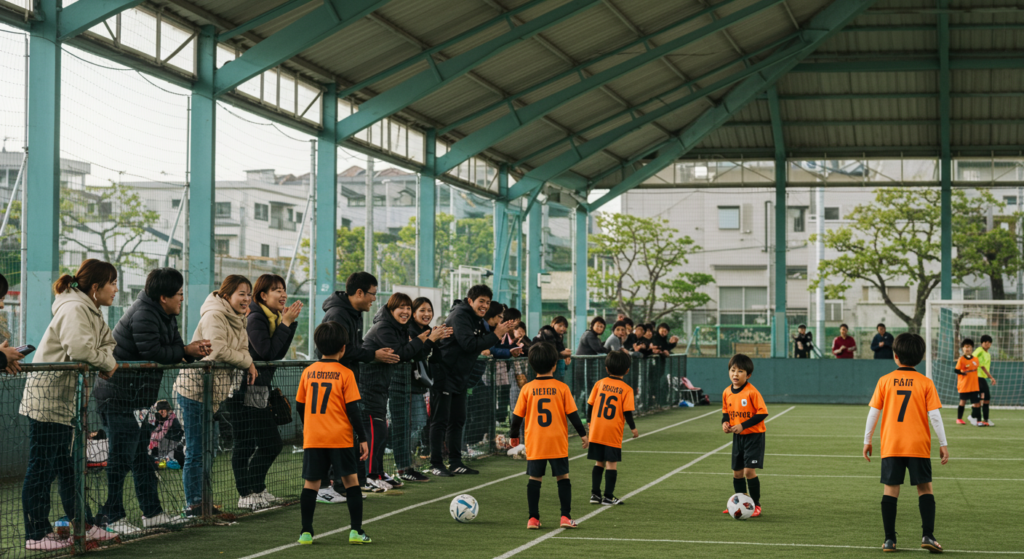 屋根付きのコートでプレーする子供たちと応援する保護者たち